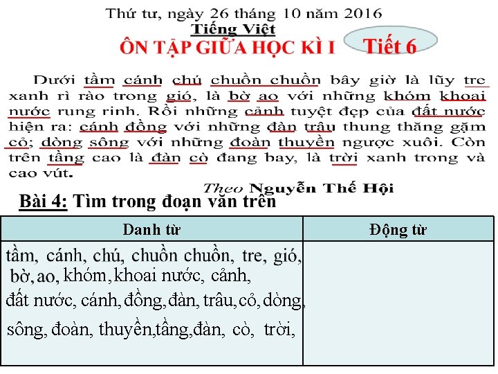 Danh từ khóm, khoai nước, cảnh, đất nước, cánh, đồng, đàn, trâu, cỏ, dòng,