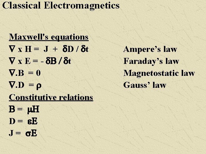 Classical Electromagnetics Maxwell's equations Ñ x H = J + d. D / dt