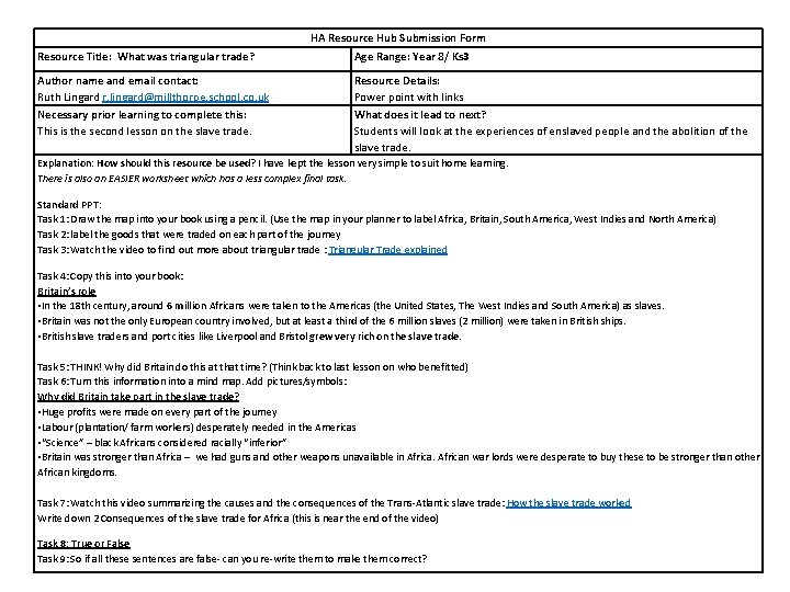 HA Resource Hub Submission Form Resource Title: What was triangular trade? Age Range: Year