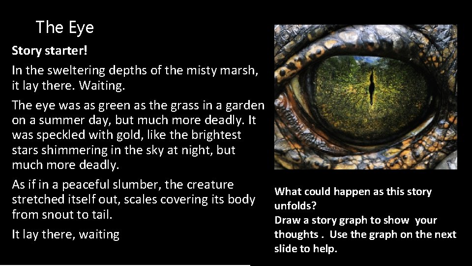 The Eye Story starter! In the sweltering depths of the misty marsh, it lay