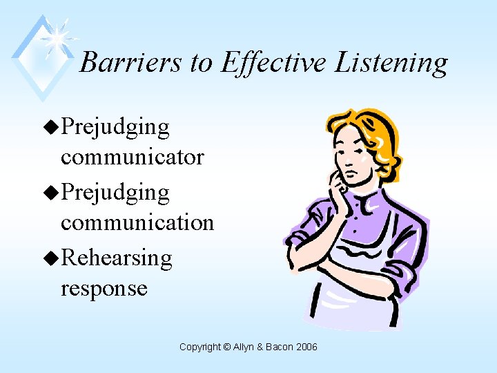 Barriers to Effective Listening u. Prejudging communicator u. Prejudging communication u. Rehearsing response Copyright