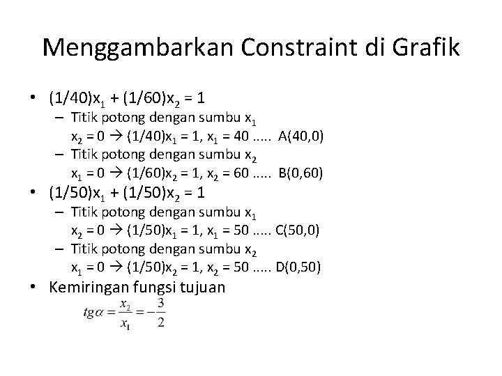 Menggambarkan Constraint di Grafik • (1/40)x 1 + (1/60)x 2 = 1 – Titik
