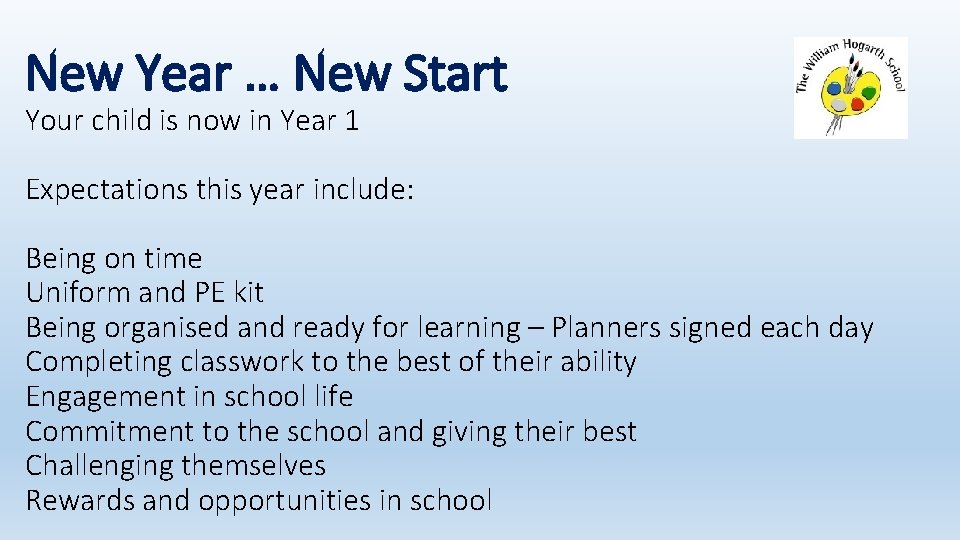 New Year … New Start Your child is now in Year 1 Expectations this