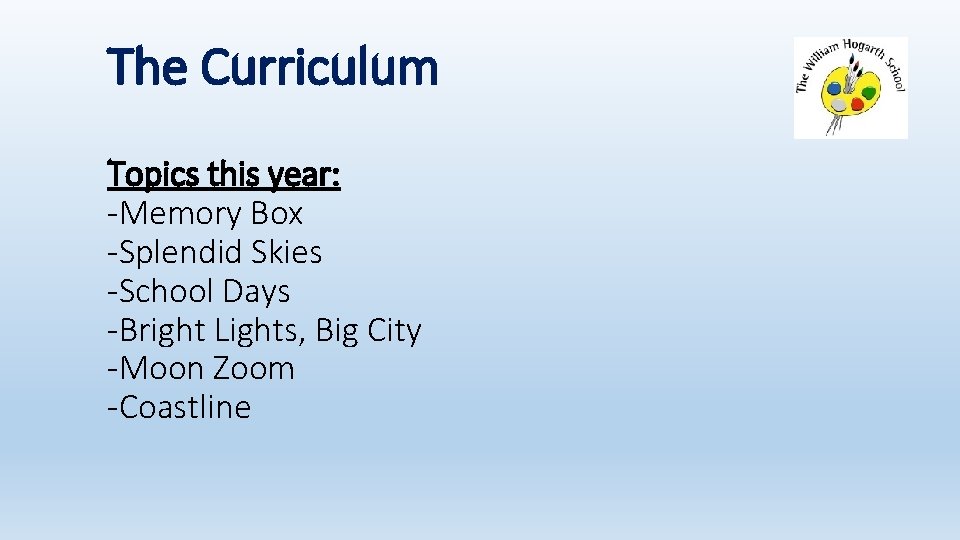 The Curriculum Topics this year: -Memory Box -Splendid Skies -School Days -Bright Lights, Big