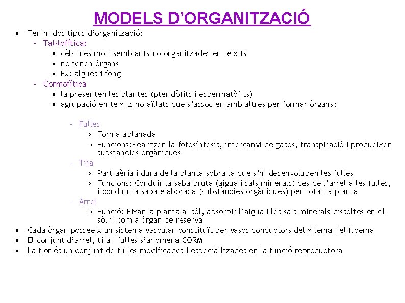 MODELS D’ORGANITZACIÓ • Tenim dos tipus d’organització: – Tal·lofítica: • cèl·lules molt semblants no