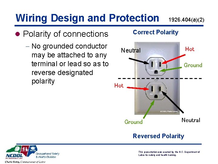 Wiring Design and Protection Correct Polarity l Polarity of connections - No grounded conductor