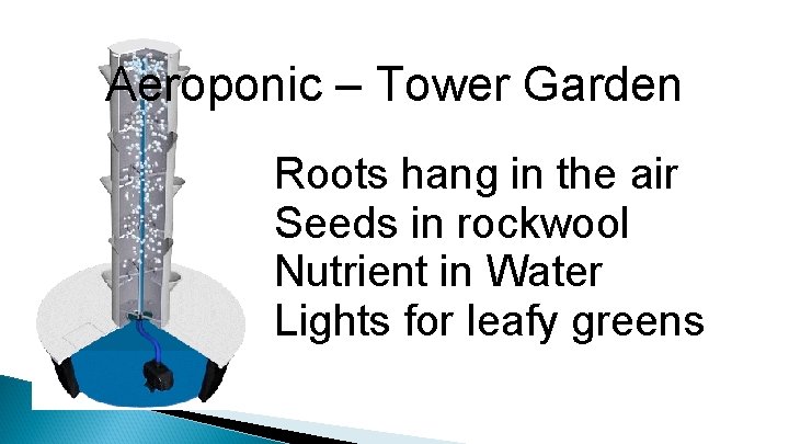 Aeroponic – Tower Garden Roots hang in the air Seeds in rockwool Nutrient in