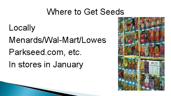 Where to Get Seeds Locally Menards/Wal-Mart/Lowes Parkseed. com, etc. In stores in January 