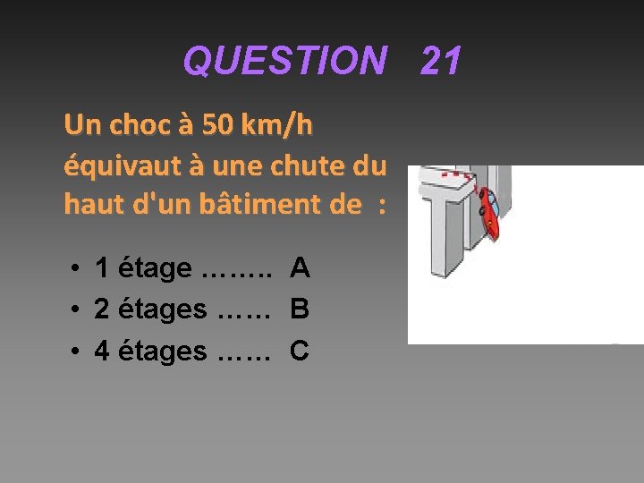 QUESTION 21 Un choc à 50 km/h équivaut à une chute du haut d'un