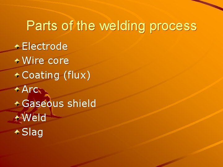 Parts of the welding process Electrode Wire core Coating (flux) Arc Gaseous shield Weld