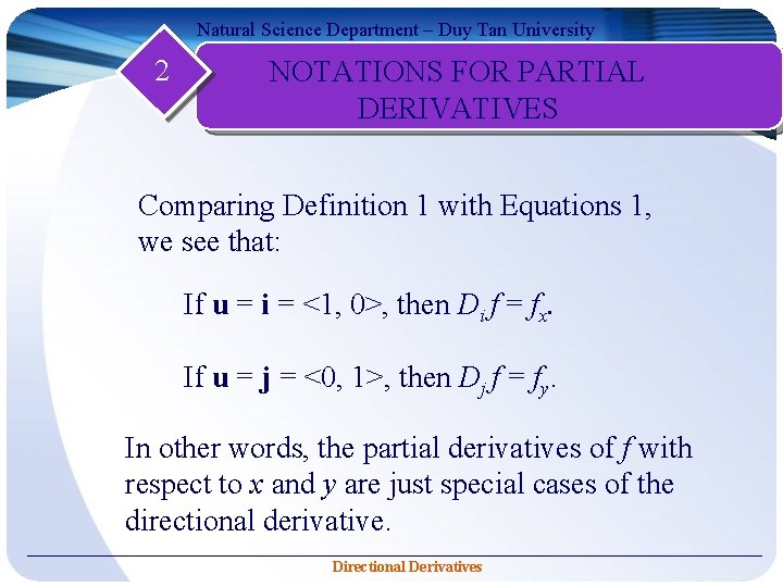 Natural Science Department – Duy Tan University 2 NOTATIONS FOR PARTIAL DERIVATIVES Comparing Definition