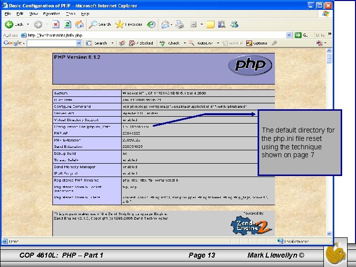 The default directory for the php. ini file reset using the technique shown on