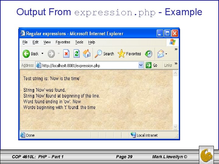 Output From expression. php - Example COP 4610 L: PHP – Part 1 Page