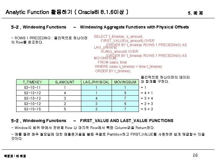 Analytic Function 활용하기 ( Oracle 8 i 8. 1. 6이상 ) 5 -2. Windowing