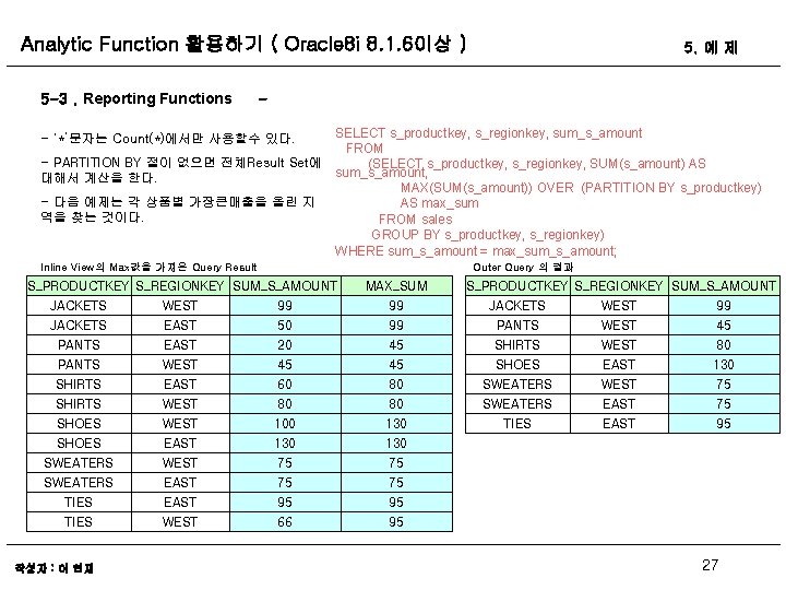 Analytic Function 활용하기 ( Oracle 8 i 8. 1. 6이상 ) 5 -3. Reporting