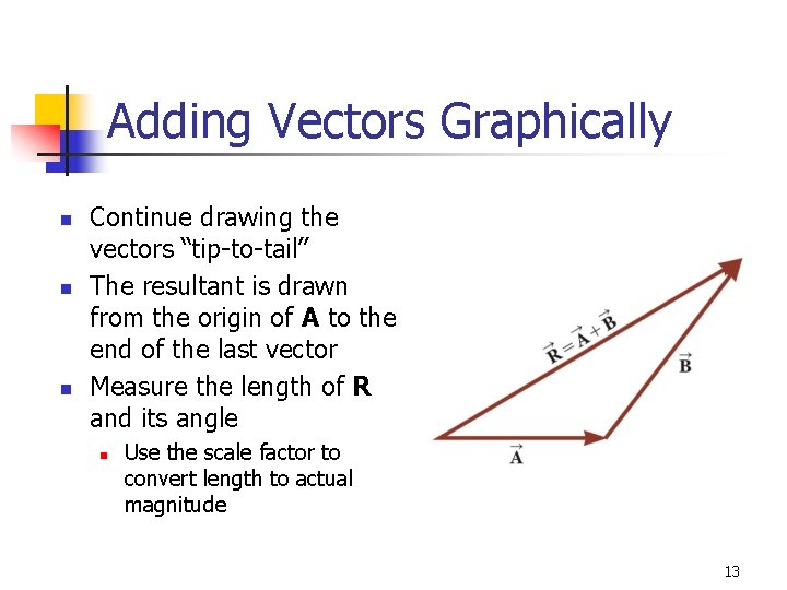 Adding Vectors Graphically n n n Continue drawing the vectors “tip-to-tail” The resultant is