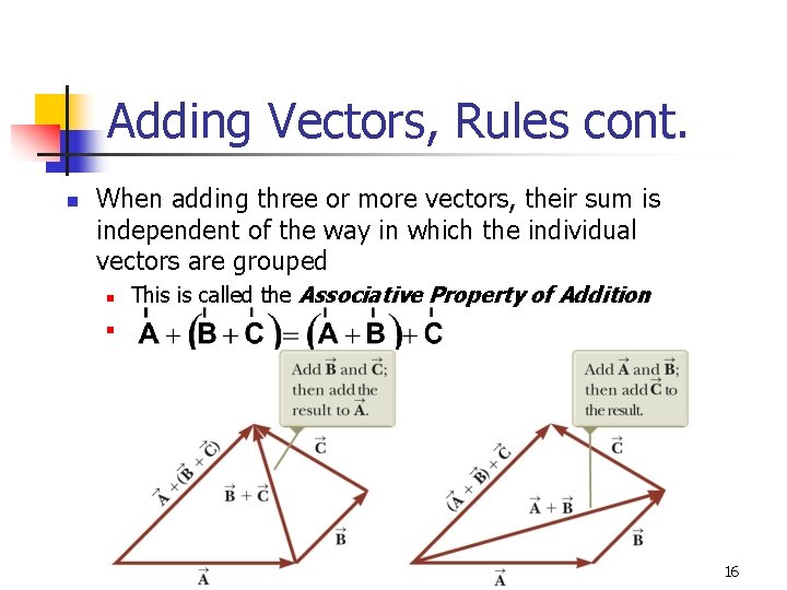 Adding Vectors, Rules cont. n When adding three or more vectors, their sum is