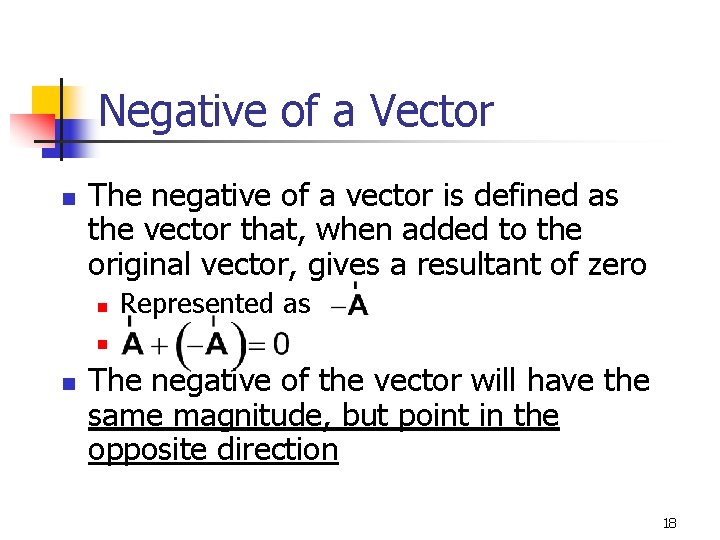 Negative of a Vector n The negative of a vector is defined as the