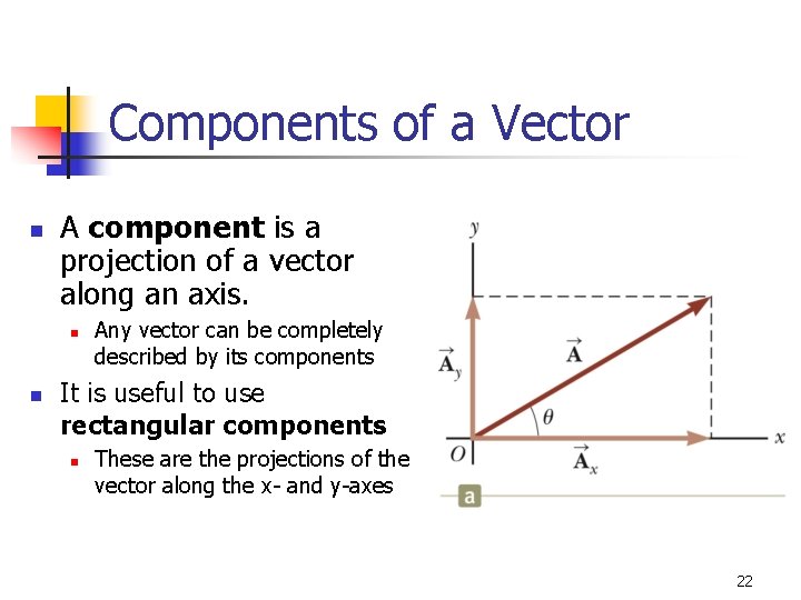 Components of a Vector n A component is a projection of a vector along