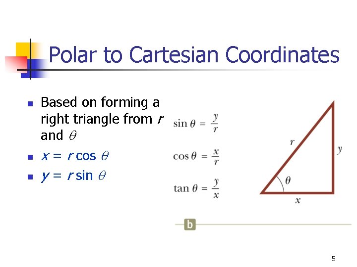 Polar to Cartesian Coordinates n n n Based on forming a right triangle from