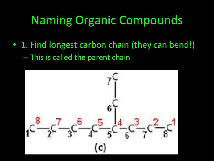 Naming Organic Compounds • 1. Find longest carbon chain (they can bend!) – This