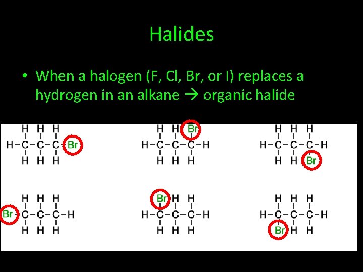 Halides • When a halogen (F, Cl, Br, or I) replaces a hydrogen in
