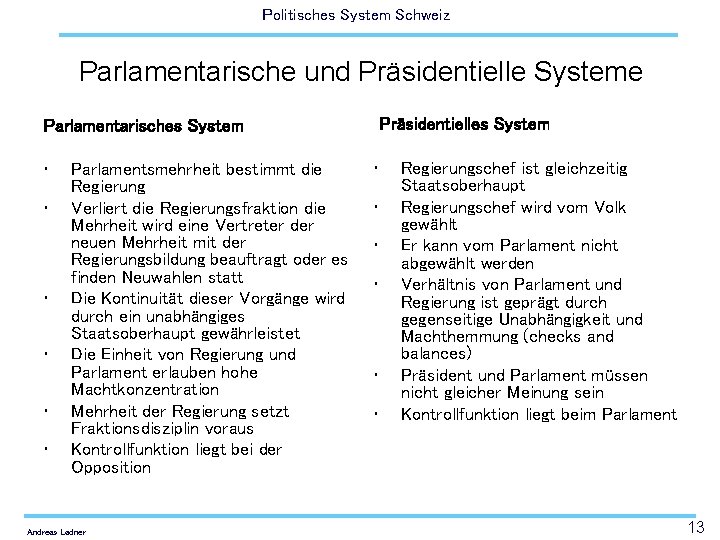 Politisches System Schweiz Parlamentarische und Präsidentielle Systeme Präsidentielles System Parlamentarisches System • • •