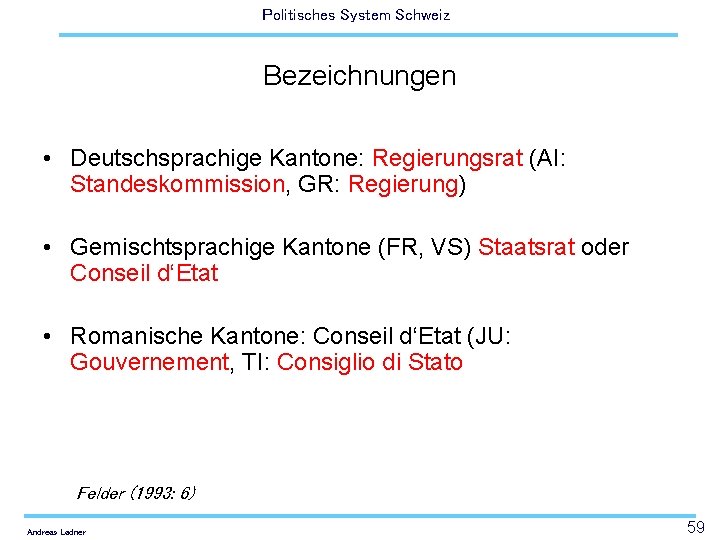 Politisches System Schweiz Bezeichnungen • Deutschsprachige Kantone: Regierungsrat (AI: Standeskommission, GR: Regierung) • Gemischtsprachige