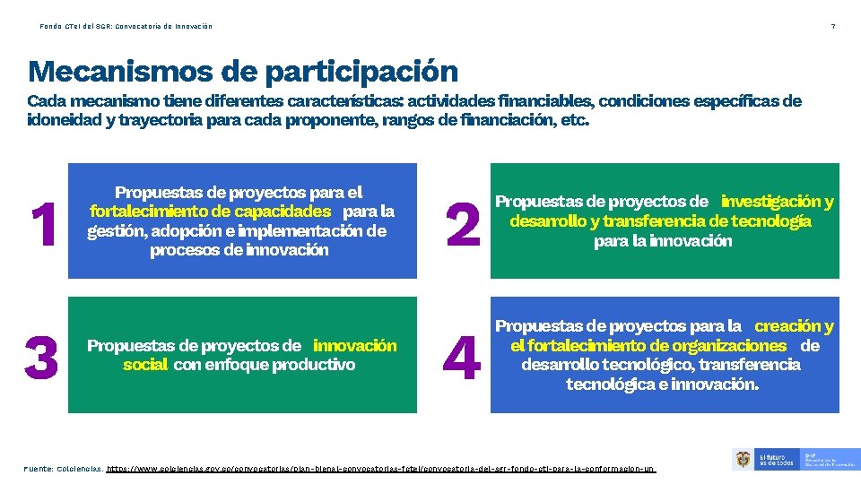 7 Fondo CTe. I del SGR: Convocatoria de Innovación Mecanismos de participación Cada mecanismo