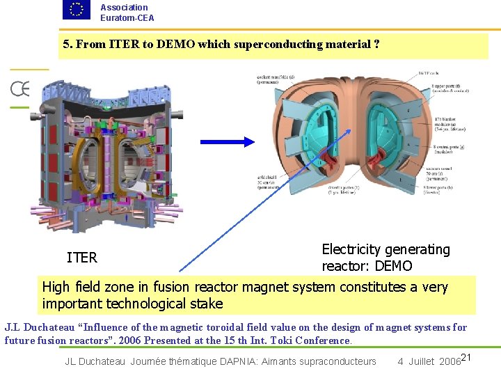 Association Euratom-CEA 5. From ITER to DEMO which superconducting material ? Electricity generating reactor: