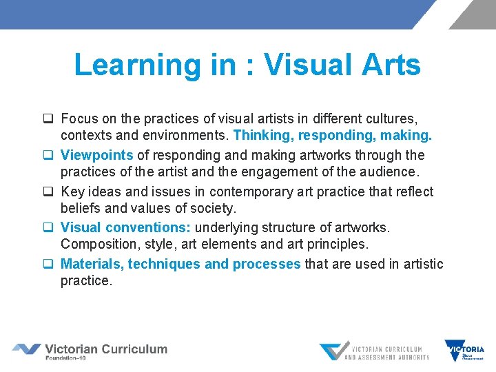 Learning in : Visual Arts q Focus on the practices of visual artists in