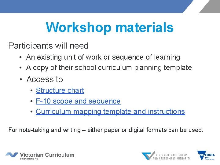Workshop materials Participants will need • An existing unit of work or sequence of