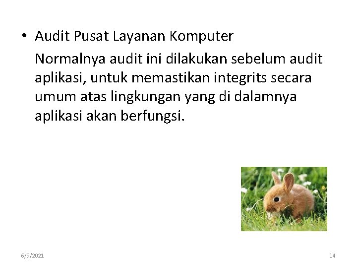  • Audit Pusat Layanan Komputer Normalnya audit ini dilakukan sebelum audit aplikasi, untuk