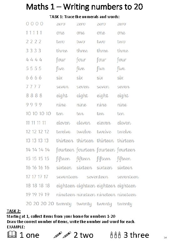 Maths 1 – Writing numbers to 20 TASK 1: Trace the numerals and words: Maths 1 – Writing numbers to 20 TASK 1: Trace the numerals and words: