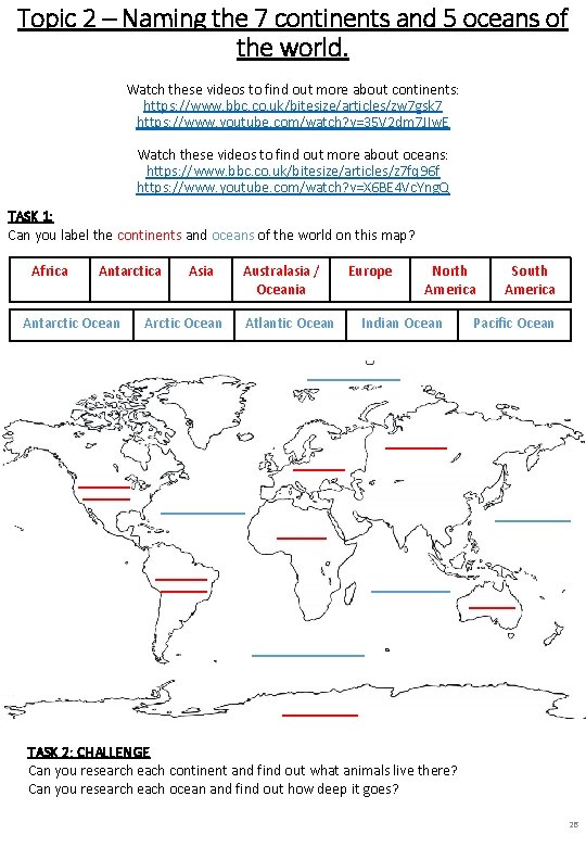 Topic 2 – Naming the 7 continents and 5 oceans of the world. Watch Topic 2 – Naming the 7 continents and 5 oceans of the world. Watch