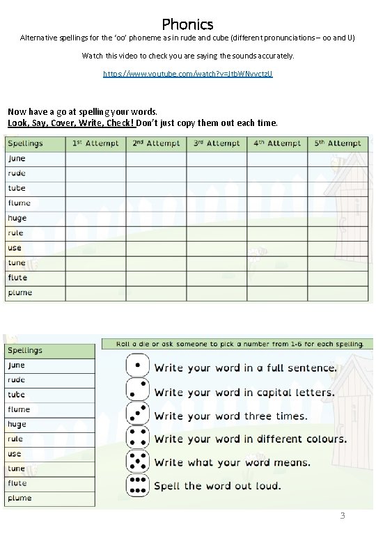 Phonics Alternative spellings for the ‘oo’ phoneme as in rude and cube (different pronunciations Phonics Alternative spellings for the ‘oo’ phoneme as in rude and cube (different pronunciations