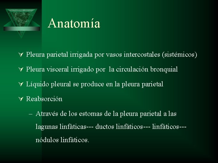 Anatomía Ú Pleura parietal irrigada por vasos intercostales (sistémicos) Ú Pleura visceral irrigado por