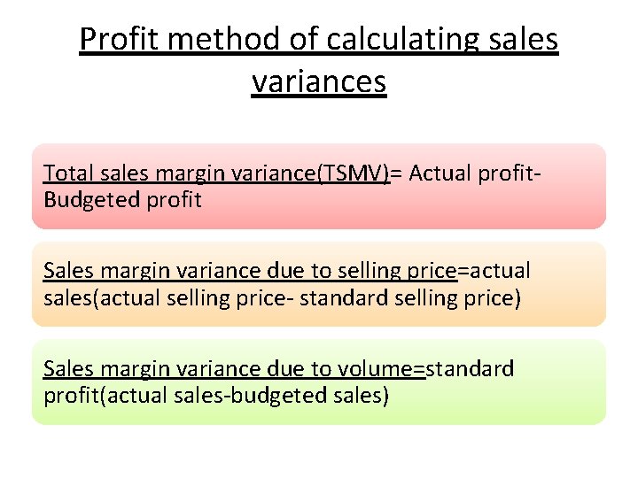 Profit method of calculating sales variances Total sales margin variance(TSMV)= Actual profit. Budgeted profit