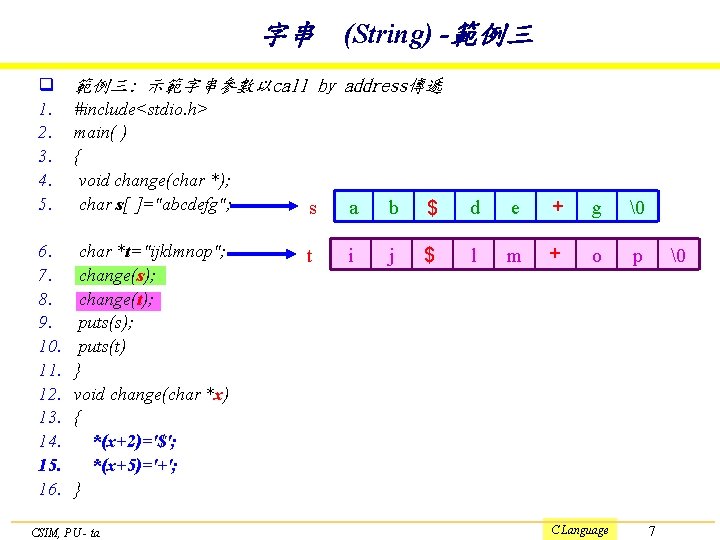 字串 (String) -範例三 q 1. 2. 3. 4. 5. 範例三: 示範字串參數以call by address傳遞 6.