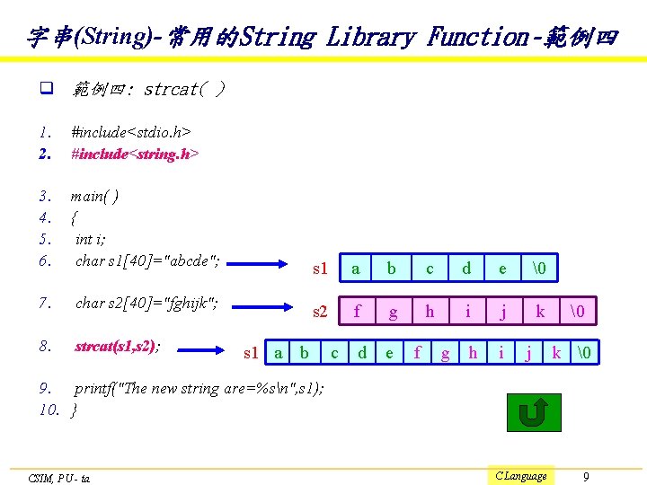 字串(String)-常用的String Library Function -範例四 q 範例四: strcat( ) 1. 2. #include<stdio. h> #include<string. h>