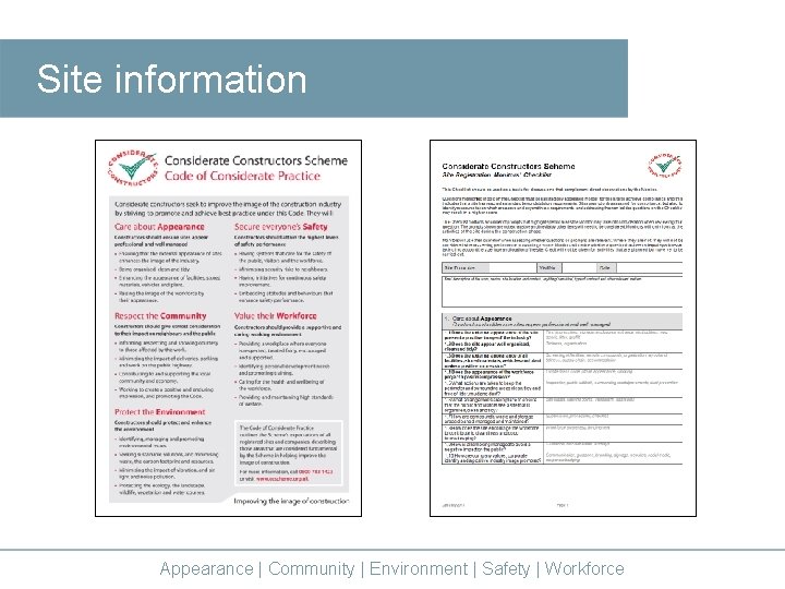 Site information Appearance | Community | Environment | Safety | Workforce 