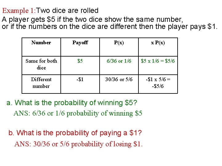 Example 1: Two dice are rolled A player gets $5 if the two dice
