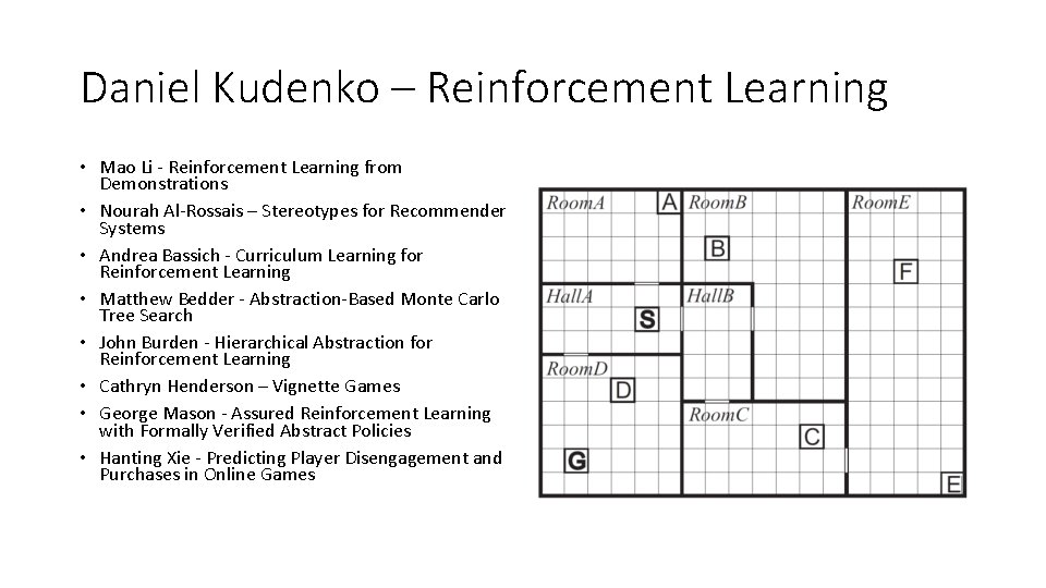 Daniel Kudenko – Reinforcement Learning • Mao Li - Reinforcement Learning from Demonstrations •