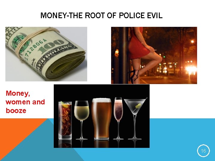 MONEY-THE ROOT OF POLICE EVIL Money, women and booze 16 
