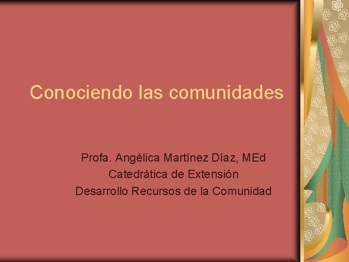 Conociendo las comunidades Profa. Angélica Martínez Díaz, MEd Catedrática de Extensión Desarrollo Recursos de