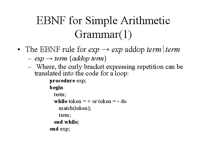 EBNF for Simple Arithmetic Grammar(1) • The EBNF rule for exp → exp addop