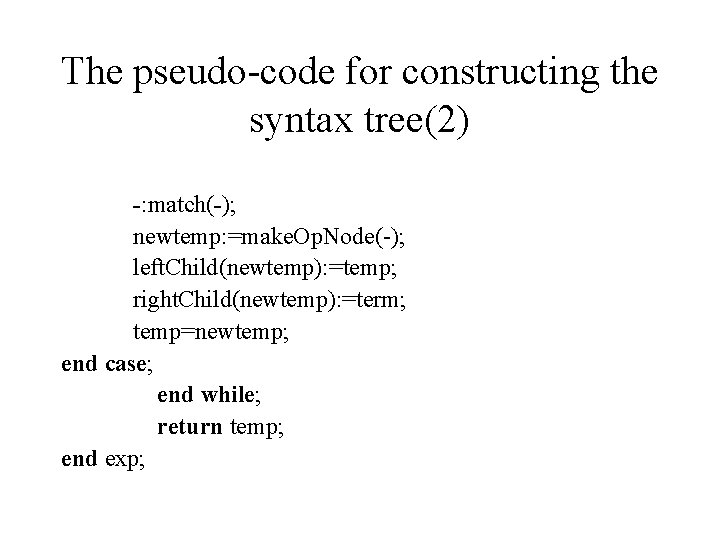 The pseudo-code for constructing the syntax tree(2) -: match(-); newtemp: =make. Op. Node(-); left.