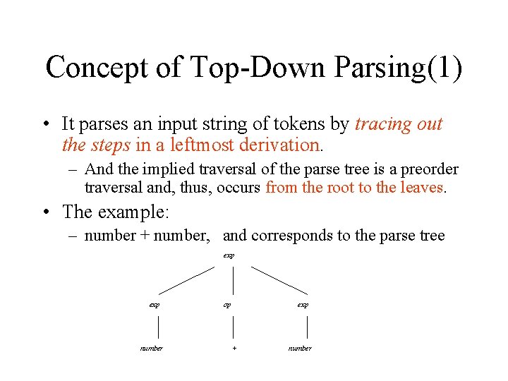 Concept of Top-Down Parsing(1) • It parses an input string of tokens by tracing