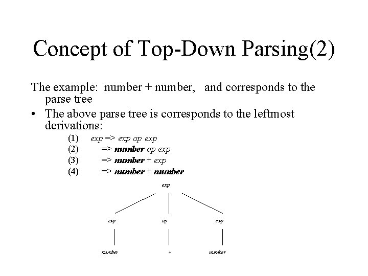 Concept of Top-Down Parsing(2) The example: number + number, and corresponds to the parse