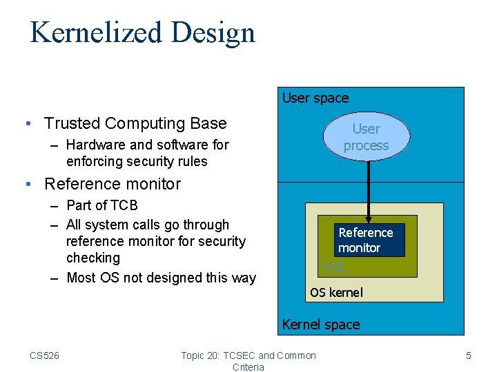 Kernelized Design User space • Trusted Computing Base User process – Hardware and software